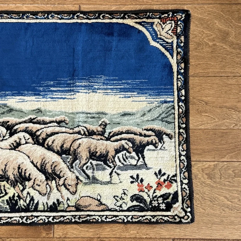 Vintage Italian Good Shepherd Woven Tapestry Wall Hanging Jesus Lambs 20x38